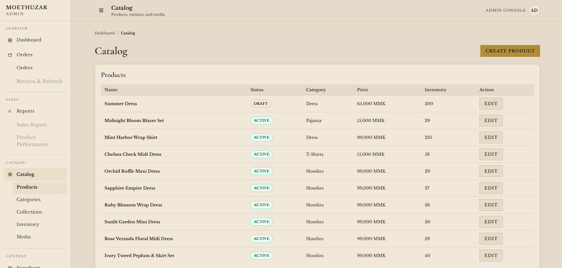 Moethuzar admin catalog interface